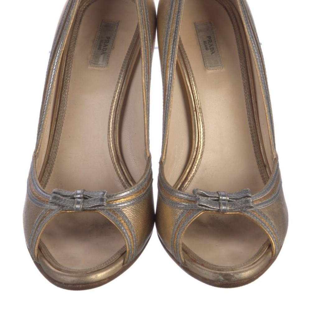 Prada Gold and Silver Bow Peep-Toe Heels